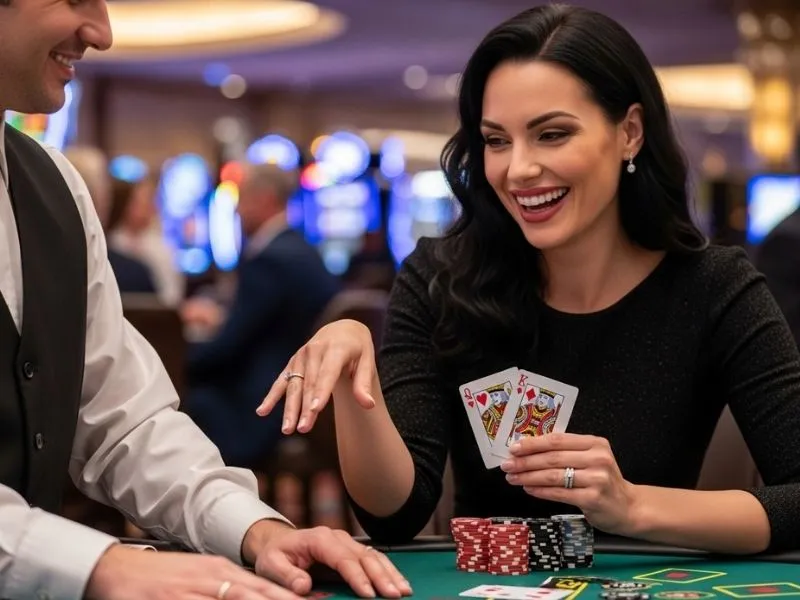 Woman smiling and holding playing cards inside a physical casino at 688jili Casino.
