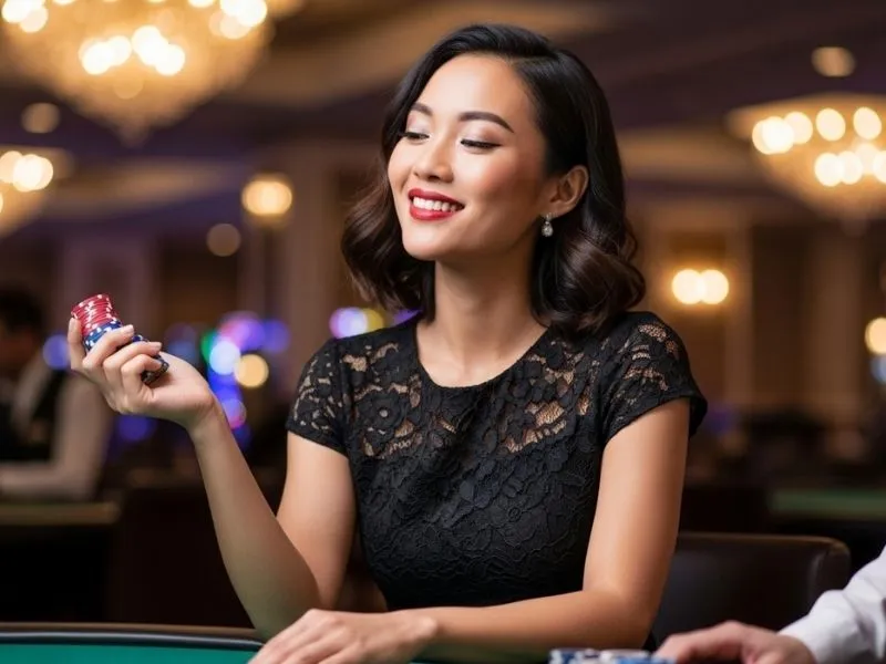 Smiling lady holding casino chips on a gaming table representing the Bonus 365 Free 200 casino promotion.