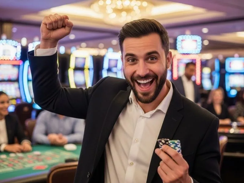 Man celebrating a big poker win in a real casino after claiming the Bonus 365 Free 200 reward