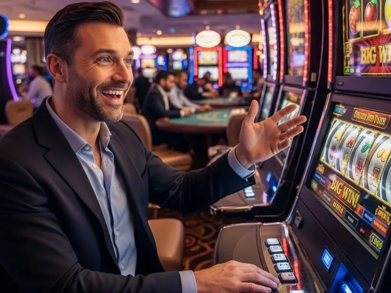 A cheerful man enjoying a slot machine spin at a physical casino, representing the excitement of claiming the Bonus 365 Free 200 offer.