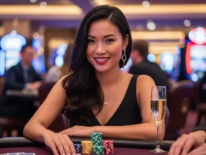 Elegant lady smiling with poker chips on a casino table, representing the thrill and luxury behind milyon88.com login experience.