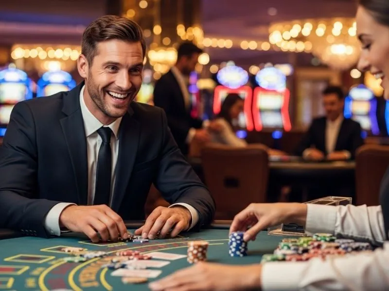 Happy man smiling at a poker table inside a casino, representing the excitement and winning vibe of milyon88.com login.
