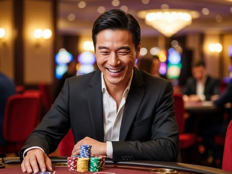 Smiling man holding colorful chips at a baccarat table in a real casino, representing the excitement of milyon88.com login gaming experience.