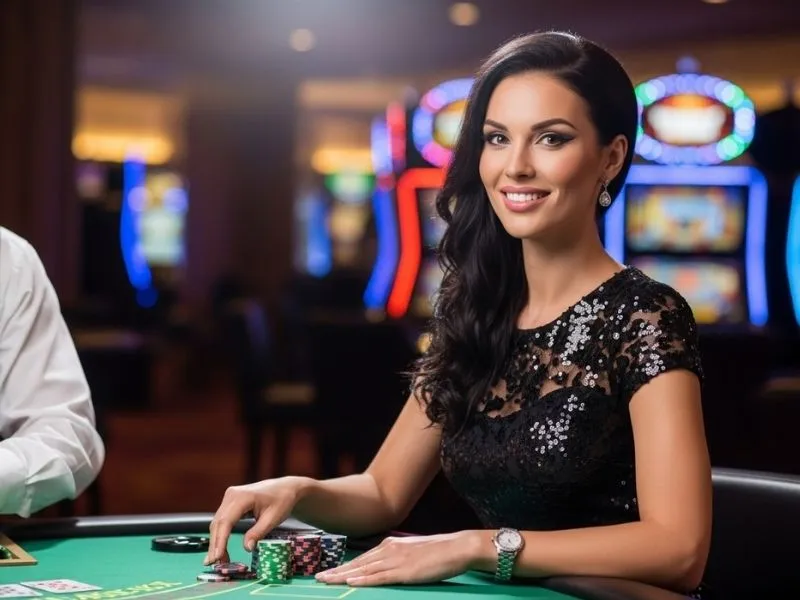 A smiling woman sitting at a casino table with poker chips, representing the excitement and energy behind milyon88.com login.