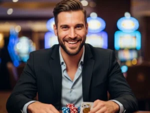 A handsome man smiling happily after a poker win in a physical casino, symbolizing the excitement and rewards players feel after successful gameplay — related to Phil168 login.