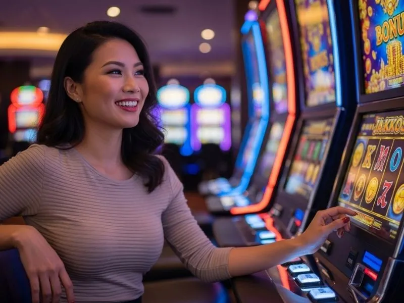 Happy woman smiling after winning on slot machines in a casino, representing the excitement players feel after a successful phil168 login.