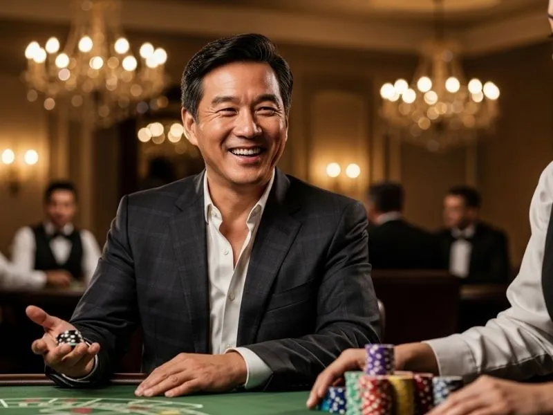 Old man smiling while betting on a casino table game in a real casino, representing the excitement linked to Phil168 login.