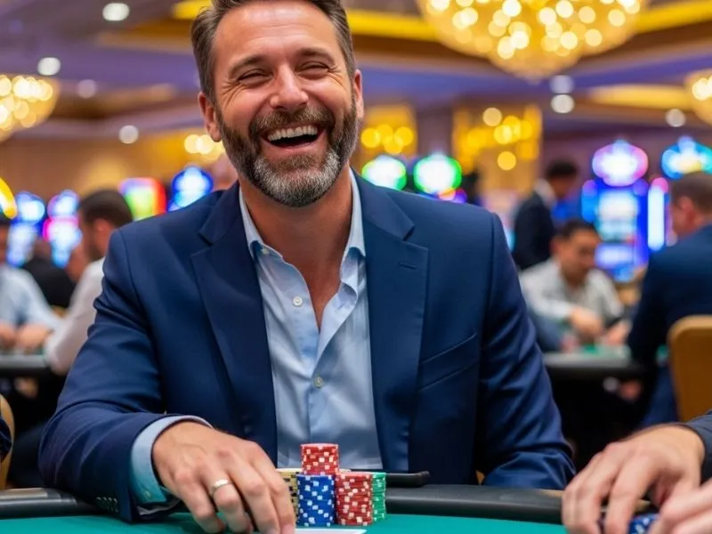 Old man happily smiling after a big casino table win, representing the excitement and rewards that players can enjoy after phil168 login.
