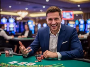 Man happily celebrating a big win at table games inside a real casino — ssbet77 com