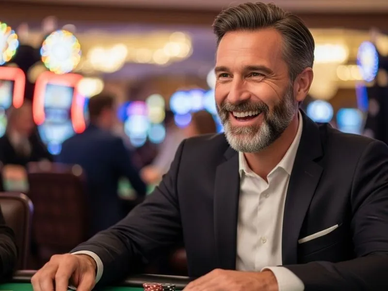 Old man happily playing casino games and smiling inside a physical casino — ssbet77 com