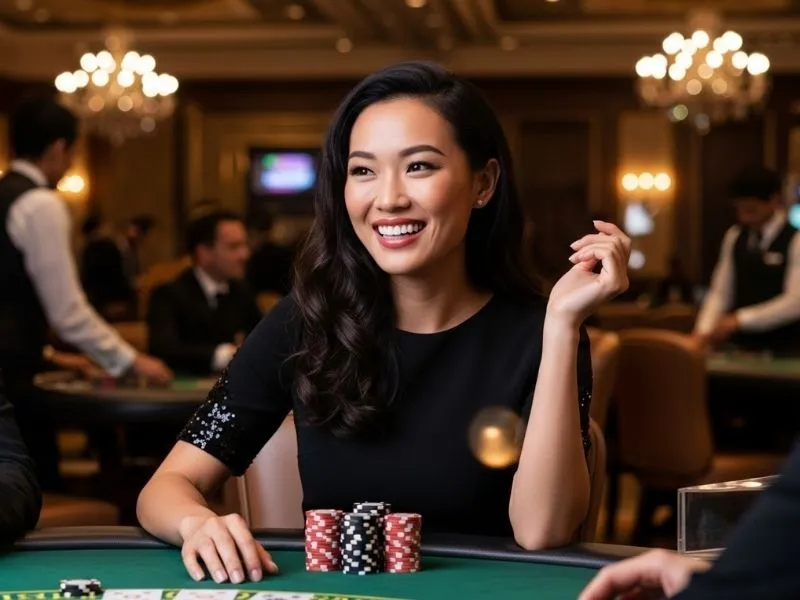 Woman enjoying a live baccarat game at a physical casino with a happy smile — ssbet77 com