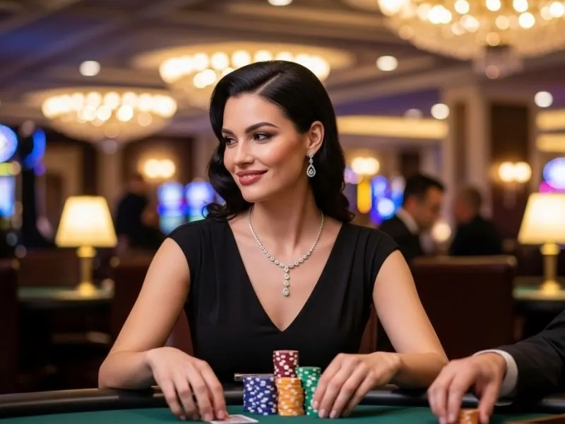 A woman happily smiling with poker chips in front of her at a casino table, representing the fun and excitement promoted by ssbet77 com.