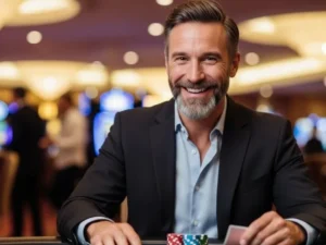 Happy old man enjoying a poker table in a casino, symbolizing the excitement of ssbet77 free 100 rewards.