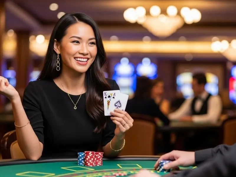 A smiling woman holding playing cards at a poker table in a real casino, representing the excitement of the ssbet77 free 100 bonus offer.