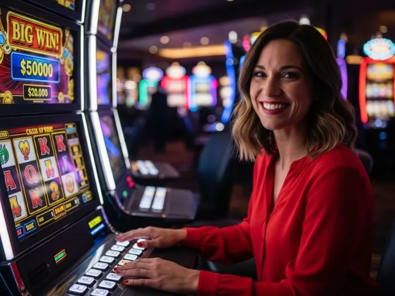 Happy woman smiling after a slot machine win in a real casino, representing the excitement and rewards of ssbet77 free 100 bonus.
