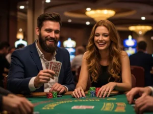 Happy couple enjoying online gaming after successful ssbet77 log in.