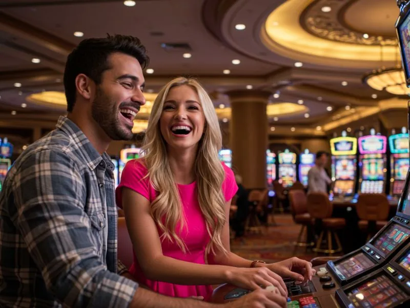Happy couple enjoys playing slots together after successful ssbet77 log in.