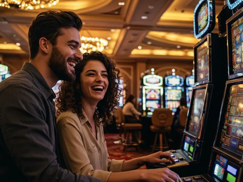 Happy couple gleefully enjoys playing slots together after ssbet77 log in.