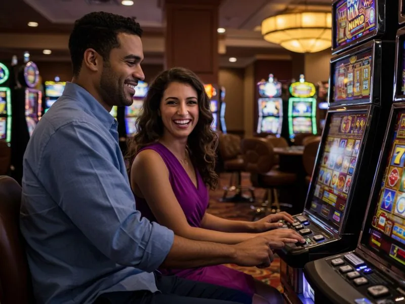 Happy couple gleefully enjoys slot gaming fun after ssbet77 log in.