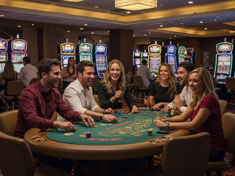 Group of friends happily chat and play online casino games after ubet95 registration login.