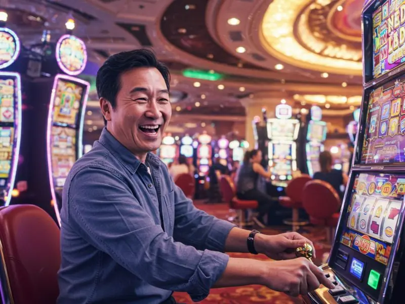 Man happily plays online slot game after ubet95 registration login.