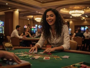 Woman happily playing online card games after ubet95 registration login.