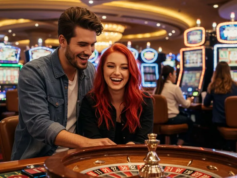 Happy couple enjoys playing online roulette after wow888 casino login.