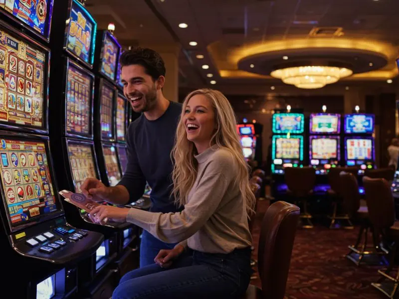 Happy couple plays online slot games after wow888 casino login.